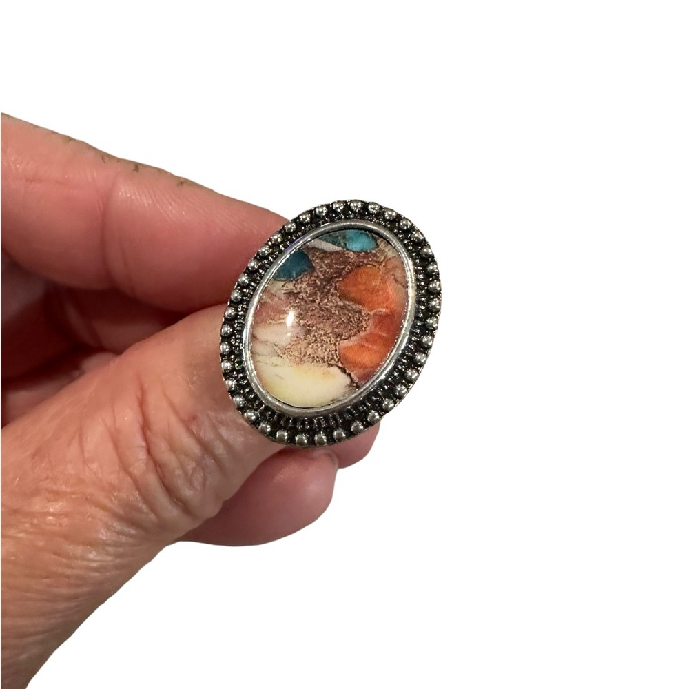 Boho Earth Tones Oval Beaded Resin Ring - Picture 7 of 8